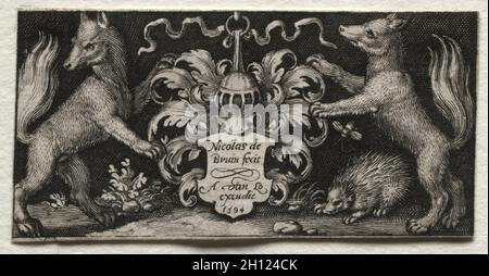 Kampf gegen die Chimären und Szenen zu Aesops Fabeln: Wappen, 1594. Nicolaes de Bruyn (Niederländischen, 1571-1656), A. van Londerseel. Gravur; Blatt: 3 x 6 cm (1 3/16 x 2 3/8 in.). Stockfoto