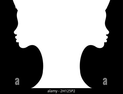 Zwei junge Frauen weiße Silhouette Gesichter machen eine Vase Form optischen negativen Raum Illusion. Schöne Mädchen Doppel Mädchen Gesicht Kontur Topf Form. Vektor Stock Vektor