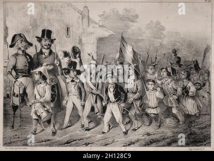 Actualités: Bon! Les moutards en veulent sussi! quand on parle de guerre! comme toute ca prend feu! ... On voit que c'est de la plante indigène!... Ca promet!!, 1840. Clémente Pruche (Französisch, 1831-1870). Lithographie; Stockfoto