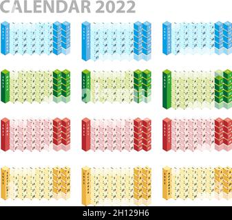 Kalender 2022. Isometrische farbige Würfel. Vektorgrafik Stock Vektor