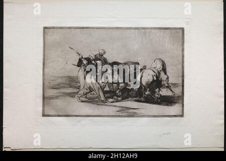 Stierkämpfe: Die Mauren ließen sich in Spanien nieder, gaben den Aberglauben des Korans auf, nahmen diese Kunst der Jagd an und Spear a Bull in the Open, 1816, gedruckt 1876. Francisco de Goya (Spanisch, 1746-1828). Gravur; Stockfoto
