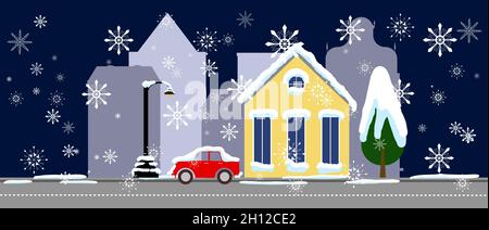 Winter Stadt Nacht verschneite Landschaft flach bunner Stock Vektor