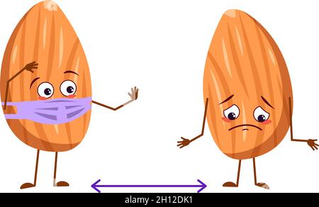 Niedliche Mandelfiguren mit Emotionen, Gesicht und Maske halten Distanz, Arme und Beine. Der lustige oder traurige Held, verrückt mit Augen. Vektorgrafik flach Stock Vektor