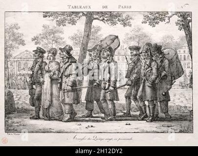 Szenen aus Paris: Blinde Männer aus den Quinze Vingts gehen. Jean Henri Marlet (Französisch, 1770-1847). Lithographie; Stockfoto