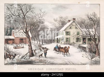 American Homestead, Winter, 1868. Und James Merritt Ives (Amerikaner, 1824-1895), Nathaniel Currier (Amerikaner, 1813-1888). Lithographie, handfarbig; Bild: 20.1 x 30.6 cm (7 15/16 x 12 1/16 Zoll). Stockfoto