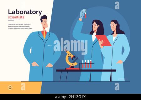 Vektordarstellung, die ein Team von Wissenschaftlern bei der Arbeit im Labor zeigt. Bearbeitbare Kontur Stock Vektor