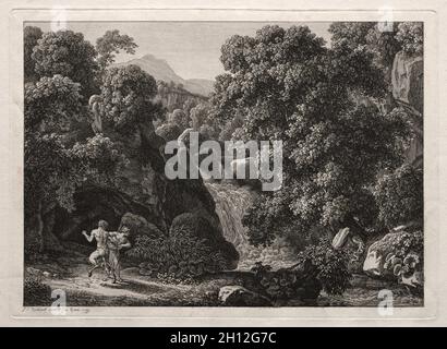 Heroischer Landschaft: Der Satyr und die Nymphe, 1799. Johann Christian Reinhart (1761-1847). Ätzen; Blatt: 42 x 53,4 cm (16 9/16 x 21 in.); Plattenrand: 21,3 x 29,5 cm (8 3/8 x 11 5/8 in.). Stockfoto