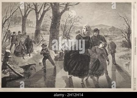 Die Skating-Saison - 1862, 1862. Winslow Homer (Amerikanisch, 1836-1910). Holzgravur; Stockfoto