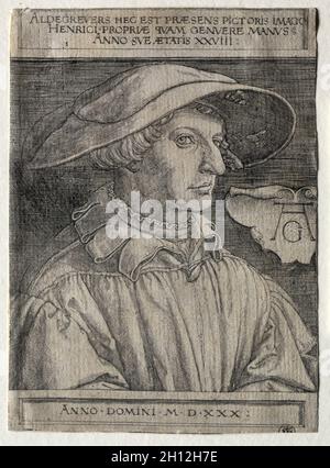 Selbstporträt, 1530. Heinrich Aldegrever (Deutsch, 1502-1555/61). Gravur; Stockfoto