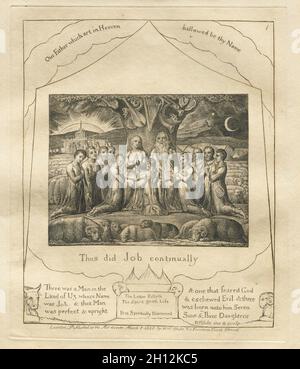 Das Buch Hiob: Pl. 1, so tat Hiob fortwährend, 1825. William Blake (Großbritannien, 1757-1827). Gravur; Stockfoto