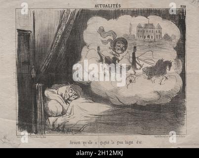 In le Charivari (27. Oktober 1851) Veröffentlicht: Aktualitäten (Nr. 238): Träumen, dass Sie viele Bars in Gold, 1851 gewonnen hatte. Honoré Daumier (Französisch, 1808-1879). Lithographie; Blatt: 25,9 x 37,3 cm (10 1/4 x 14 11/16 in.); Bild: 20,6 x 27,7 cm (8 1/8 x 10 7/8 in.). Stockfoto