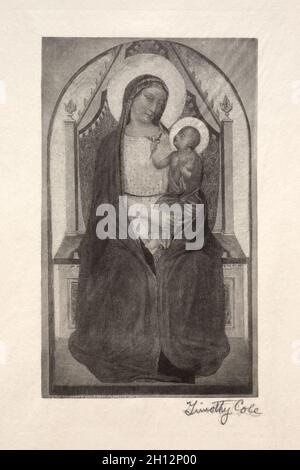 Alte italienische Meister: Madonna thront mit Kind Holding Vogel, 1885. Timothy Cole (Amerikaner, 1852-1931). Holzgravur; Stockfoto