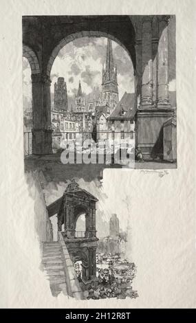 Rouen Illustré: Place de la Haute Vieille Tour; Edicule de la Fierte, 1896. Auguste Louis Lepère (Französisch, 1849-1918). Holzgravur; Stockfoto