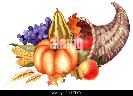 Füllhorn. Korb mit Obst und Gemüse. Erntefest, Erntedankfest. Kürbis, Trauben, Mais, Apfel, Tomaten und Weizenohr. Aquarell-Illustration Stockfoto