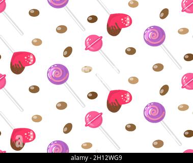 Candy nahtlose Muster weißen Hintergrund mit bunten Süßigkeiten, leckere Karamelle, Herzen, Lutscher, Schokolade Dragee. Designdekor für Textilien, Speisekarten, Kindergeschirr, Notizbücher. Vektorgrafik Stock Vektor