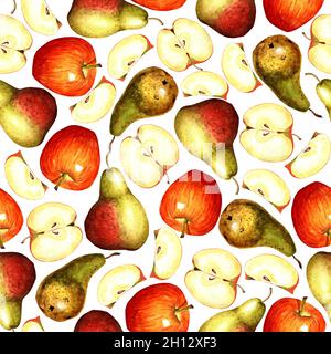 Nahtloses Muster mit Äpfeln und Birnen isoliert auf weißem Hintergrund. Sommer Früchte reich an Vitaminen, Vegetarismus. Aquarellillustration für fabr Stockfoto