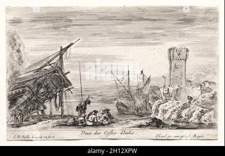 Blick auf die Seehäfen: Blick auf die italienische Küste, 1647. Israël Henriet (Französisch, c. 1590-1661), Stefano Della Bella (Italienisch, 1610-1664). Ätzen; Stockfoto