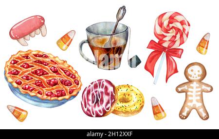 Das Süßwaren-Set umfasst eine Tasse Tee, Kirschkuchen, Lutscher, Donuts, Lebkuchen und Karamelle. Aquarelldarstellung isoliert auf weißem Hintergrund. Dr Stockfoto