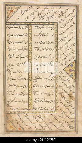 Textseite, persische Verse (verso) in einer Anthologie mit einigen Versen aus Haft Awrang (Sieben Throne) von Jami; der Fünfte Thron Yusuf und Zulaykha, Mitte 1500. Iran, Shiraz oder Mashhad, Safavid-Periode (1501-1722). Deckendes Aquarell, Tinte und Gold auf Papier; Blatt: 29.8 x 17.3 cm (11 3/4 x 6 13/16 Zoll); Bild: 21.3 x 13 cm (8 3/8 x 5 1/8 Zoll). Stockfoto