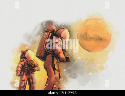 Astronauten und Mars, Illustration Stockfoto