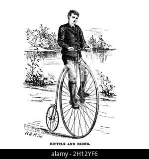 Mann auf Penny-Farthing, Illustration aus dem 19. Jahrhundert Stockfoto