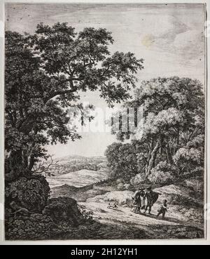 Sechs große aufrechte Landschaften mit Szenen aus dem Alten Testament: Abraham entlässt Hagar und Ismael, 1640-90. Anthonie Waterloo (Niederländisch, 1609/10-1690). Ätzen; Stockfoto