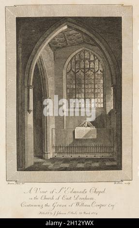 Ansicht der St. Edmund's Chapel in der Kirche von East Dereham, mit dem Grab von William Cowper Esquire, 1804. William Blake (Großbritannien, 1757-1827). Gravur; Stockfoto