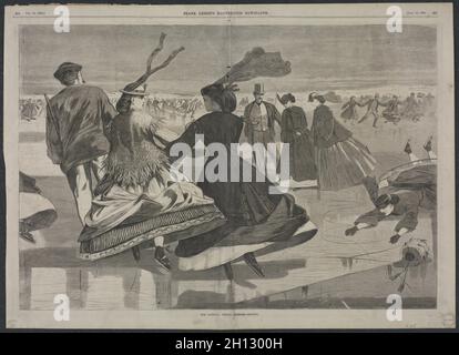 Unsere Nationale Winterübung - Schlittschuhlauf, 1866. Winslow Homer (Amerikanisch, 1836-1910). Holzgravur; Stockfoto