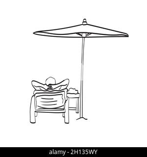 Mann sitzt im Liegestuhl unter einem großen Sonnenschirm am Strand Illustration Vektor isoliert auf weißem Hintergrund Linie Kunst Stock Vektor