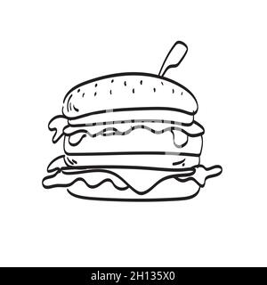 hamburger mit Holzspieß Illustration Vektor isoliert auf weißem Hintergrund Linie Kunst. Stock Vektor