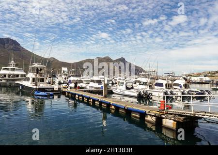 Landschaftlich schöner Blick über den Yachthafen und die Boote am Hafen von Hout Bay im westlichen Kap, Südafrika mit Chapmans Peak Drive im Hintergrund Stockfoto
