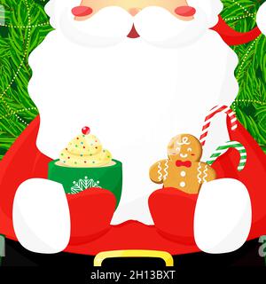 Santa hält eine Tasse Milch und Lebkuchenkeks in den Händen. Weihnachtskarte Vektor-Illustration flach. Stock Vektor