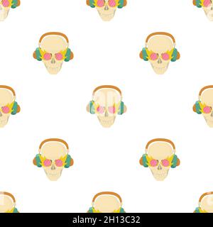 Totenkopf mit Kopfhörer Muster nahtlose Hintergrund Textur wiederholen Tapete geometrischen Vektor Stock Vektor