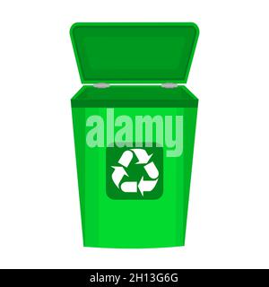 Vorderansicht des Papierkorbs isoliert auf weißem Hintergrund. Leeren Sie den Abfallbehälter mit dem Symbol „Wiederverwendung“. Leerer grüner Papierkorb mit Recycling-Abfall-Zeichen.Vektor Stock Vektor
