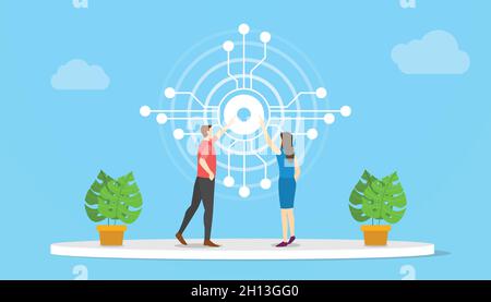 Touchscreen-Technologie-Konzept mit Mann und Frau berühren digitale Objekte mit modernen flachen Stil Vektor-Illustration Stockfoto