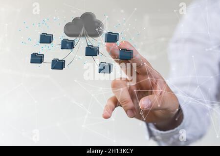 Abstrakte Aufnahme einer Männerhand mit 3D-Rendering und integriertem digitalen Web in einer Cloud Stockfoto