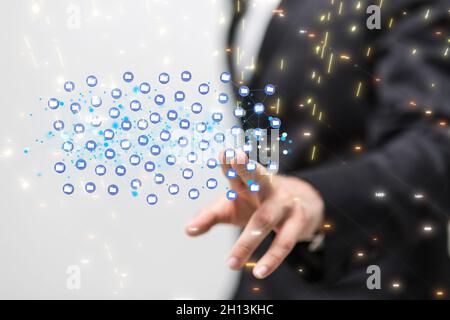 Abstrakte Aufnahme einer Männerhand mit 3D-Rendering integriertem digitalen Web mit neuronalen Netzen Stockfoto