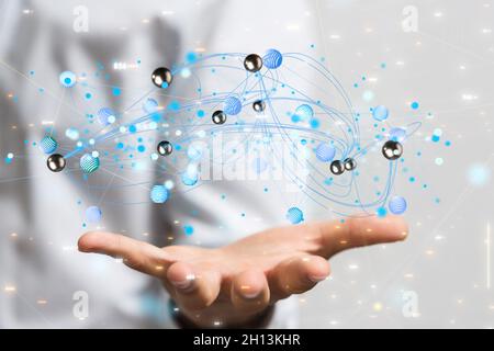 Abstrakte Aufnahme eines Mannes, der in neuronalen Netzen im Web in 3D gerenderte Kontaktsymbole zeigt Stockfoto