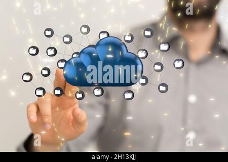 Abstrakte Aufnahme einer Männerhand mit 3D-Rendering und integriertem digitalen Web in einer Cloud Stockfoto