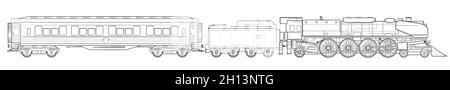 Dampfzug - Illustration der Lokomotive mit Tender- und Eisenbahnschlafwagen. Stock Vektor