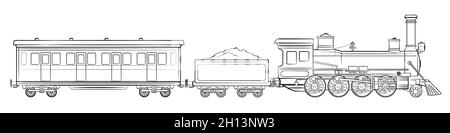 Dampfzug - Illustration der Lokomotive mit Tender- und Eisenbahnschlafwagen. Stock Vektor