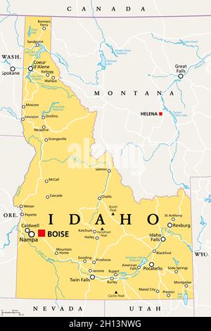 Idaho, ID, politische Karte mit der Hauptstadt Boise, Grenzen, wichtigen Städten, Flüssen und Seen. Staat in der pazifischen Nordwestregion der westlichen USA. Stockfoto