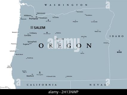 Oregon, ODER, graue politische Landkarte, mit der Hauptstadt Salem und den Grenzen. Staat in der pazifischen Nordwestregion der westlichen Vereinigten Staaten von Amerika. Stockfoto