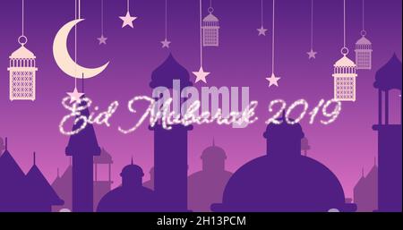 Glitzernder Eid Mubarak-Gruß für 2019 mit Moscheen und Laternen mit Mond und Sternen Stockfoto