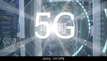 5G geschrieben in der Mitte eines futuristischen Kreisen 4k Stockfoto