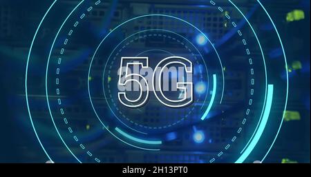 5G geschrieben in der Mitte eines futuristischen Kreisen 4k Stockfoto