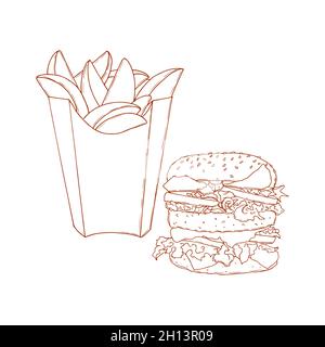 Burger Hamburger und pommes Frites Keile, Kontur, Handzeichnung, Skizze, isoliert, Weißer Hintergrund. Vektorgrafik Stock Vektor