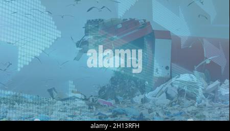 Digitales Composite-Bild von mehreren Pfeilen, die sich gegen Deponien bewegen und Vögel am Himmel fliegen Stockfoto