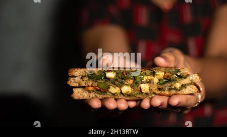 Sandwich ist auf der ganzen Welt berühmt. Es wird im Grunde aus Brot, Gemüse, Käse, Gewürzen oder Chutneys hergestellt. Stockfoto