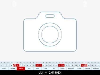 März 2022 für Tischkalender, ein Linienvektorvorlagen-Kalender in englischer Sprache. Stock Vektor